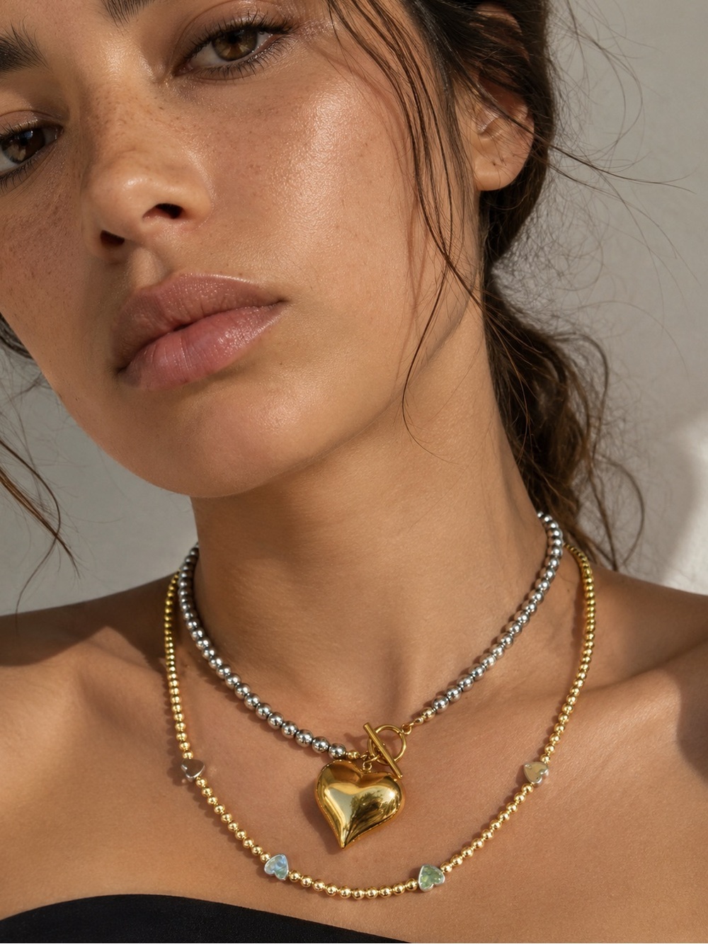 Layered Gold and Silver Heart Pendant Necklace Set